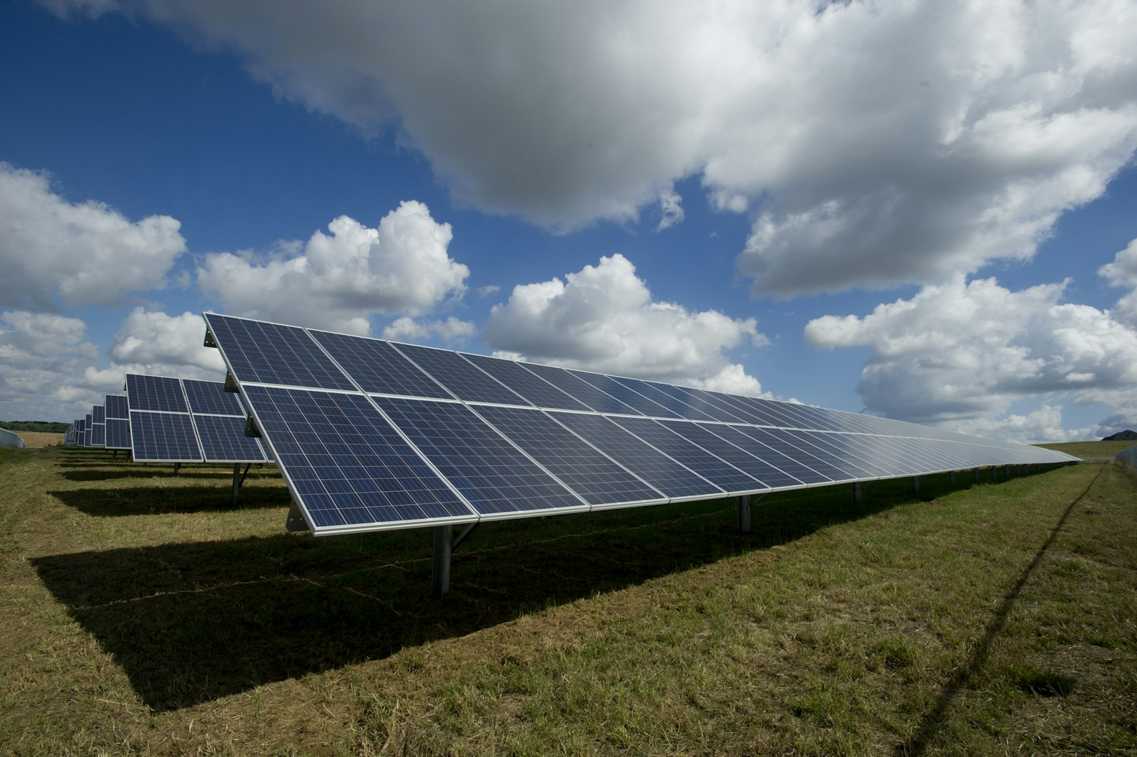 Solar panel field at sunset